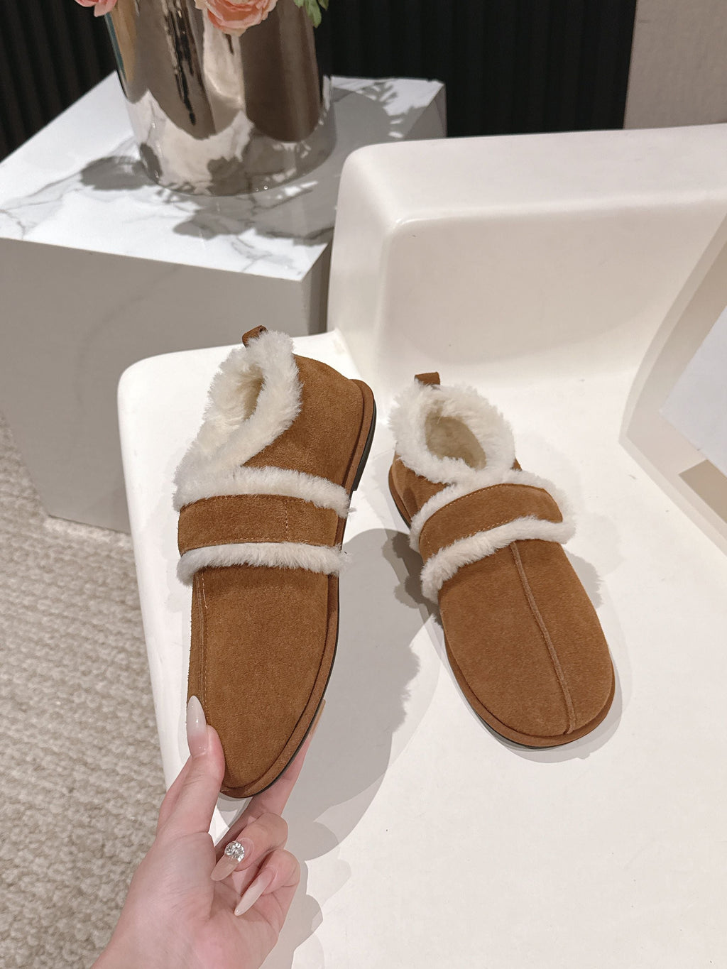 The Row 2025 Furry Shoe Light Brown White Suede Wool 560590