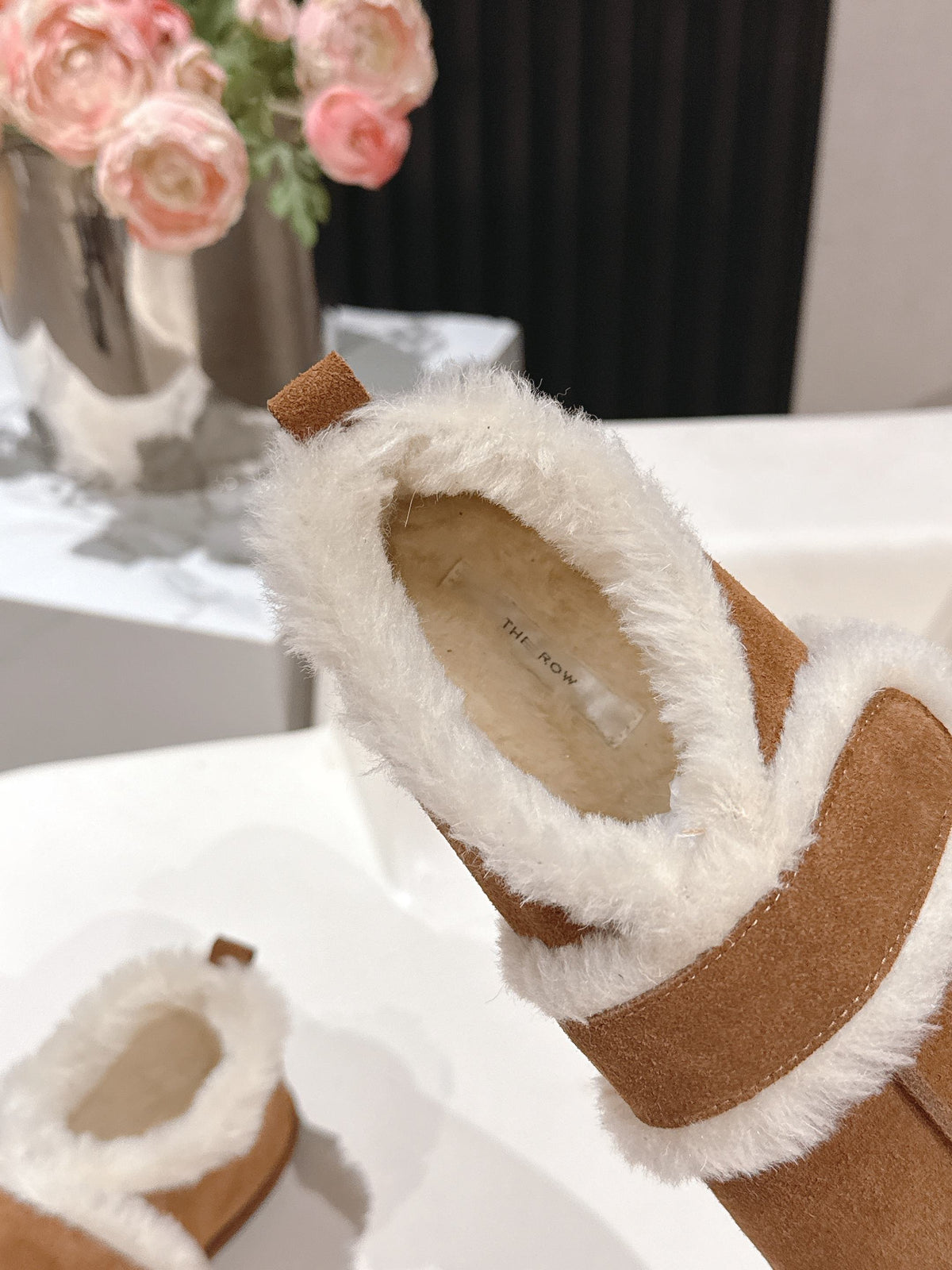 The Row 2025 Furry Shoe Light Brown White Suede Wool 560590